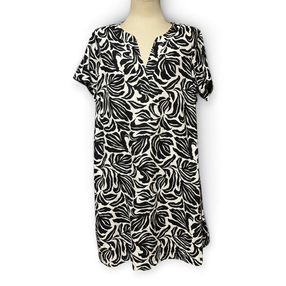 Nicole Miller Linen Short Sleeve V-Neck Tunic Shift Dress Floral Black Cream 1X